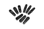 A set of nine black plastic servo horns arranged in an arc on a clean white background.