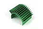 Green anodized aluminium motor heat sink with cooling fins, isolated on a white background.