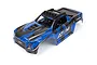 Maverick 1/18 AT1 painted RC truck body shell in blue and black with ATOM graphics against a white background.
