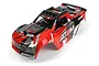 Red, white, and black painted RC truck body shell with ATOM and Maverick branding and roof light bar against a white background.