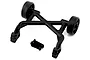 A black plastic RC wheelie bar assembly with dual wheels and four mounting screws against a white background.