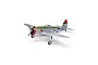 Studio shot of the E-Flite Micro P-47 Thunderbolt RC airplane featuring a silver finish, green top, red cowl, and military markings against a white background.