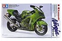 Tamiya 1/12 scale Kawasaki Ninja ZX-12R plastic model kit box featuring a green motorcycle on a white background.