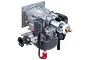 Studio product shot of Zenoah G260PU 2 stroke petrol airplane engine with carburettor and mounting plate against a black background.