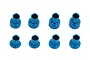 Team Associated blue anodized aluminum caster hat bushings arranged in two rows of four on a white background.