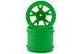 Two bright green RC monster truck rims stacked against a white background, featuring a multi-spoke design.