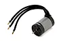 Maverick FLX10 brushless motor featuring a black and silver finned can, output shaft, and three black wires with gold bullet connectors.
