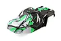 Pre-painted green, black, and white monster truck body shell for a 1/10 scale RC car, viewed from above.