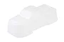 Clear unpainted RC monster truck body shell shown from a high-angle studio shot against a white background.