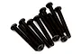 A set of ten black button head hex socket screws arranged neatly against a plain white background.