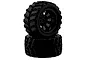 Two black RC truggy wheels with block tread tyres mounted on black plastic multi-spoke rims against a white background.