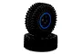 Two black RC rubber tyres mounted on 12-spoke black rims with blue outer rings, stacked against a white background.