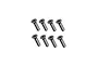 A studio product shot of eight silver metal countersunk hex socket screws arranged in two parallel rows on a white background.