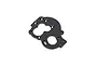 A black anodized aluminium motor mount plate for RC cars, featuring multiple mounting holes and cutouts on a clean white background.