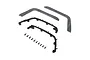 Axial front fenders in gray and black with mounting hardware laid out on a white background.