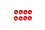 Eight red tapered washers or gaskets arranged in two rows of four on a plain white background.