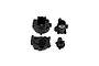 Four black plastic transmission housing and gearbox case parts for an RC car on a white background.