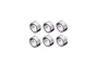 Studio product view of six silver metal spacers arranged in two rows of three against a white background.