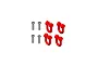 Four red winch hooks or shackles displayed alongside four matching silver metal screws against a plain white background.