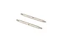 Two shiny silver metal linkages with threaded ends and a central hole against a plain white background.