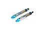 Two blue and silver aluminium assembled RC shock absorbers with black coil springs against a plain white background.