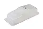 Unpainted clear polycarbonate RC rally car body shell on a plain white studio background.