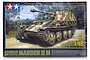 Tamiya 1/48 scale German Marder III Ausf.M tank destroyer plastic model kit box art showing a camouflaged tank and a soldier.