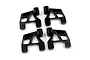 Four black anodized aluminium shock mount brackets with cutouts and multiple mounting holes, viewed from above.