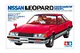 Product box art for the Tamiya 1/24 Nissan Leopard 2-Door Hardtop 280X SF-L scale model kit showing a red car illustration.