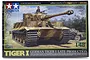Tamiya 1/48 scale German Tiger I Late Production plastic model kit box art showing a painted tank in a field setting.