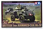 Tamiya 1/48 scale British 7 Ton Armored Car Mk.IV plastic model kit box art showing two armored cars in a field.