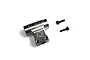 Silver metal main rotor head block with engraved Blade logo and two black socket head screws against a white background.