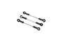 Three metal turnbuckles with black plastic ball joint ends arranged diagonally on a plain white background.