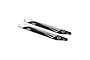 A set of two black and white helicopter main rotor blades with the number 210 printed on them, isolated against a white background.