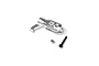Silver aluminum main rotor blade grip with mounting hardware including a black screw and nut on a white background.