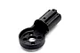 Black molded plastic tail motor mount for Blade InFusion 210 helicopter, shown on a clean white background.