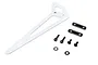 White tail fin with associated black mounting brackets, socket head screws, and washers displayed on a white background.