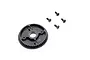 A black plastic RC helicopter tail pulley gear shown alongside four small metal socket head screws against a white background.