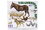 Tamiya 1/35 Livestock Set plastic model kit box featuring illustrations of a horse, pig, dog, chickens, and geese.