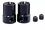 Two black metal centre drive cups and two matching grub screws set against a clean white background.