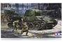Tamiya 1/35 scale Russian T34/76 Tank ChTZ Version model kit box art showing a green tank and soldiers in a battlefield scene.