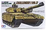 Tamiya 1/35 scale British Challenger 1 (Mk.3) Main Battle Tank plastic model kit box art showing a desert-camouflaged tank with a commander figure.