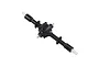 Studio product photo of a black WPL centre RC axle featuring dual input/output shafts and white axle ends.