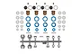 Top-down studio shot of the Team Associated 1/10 shock absorber rebuild kit components laid out on a white background.