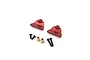 MN Model red metal shock mounts with mounting hardware including screws and brass bushings on a white background.