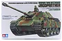 Tamiya 1/35 scale German Jagdpanther Late Version tank destroyer plastic model kit box art featuring a camouflaged tank and commander figure.