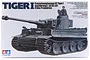Tamiya 1/35 scale German Tiger I Early Production tank model kit box art showing a grey tank with a commander figure.