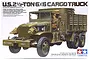 Tamiya 1/35 scale U.S. 2 1/2-Ton 6x6 Cargo Truck plastic model kit box art showing a detailed olive drab military truck with a driver figure.