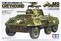 Tamiya 1/35 scale M8 Greyhound Light Armoured Car plastic model kit box art featuring an illustration of the olive drab vehicle.