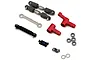 Top-down view of an MJX RC steering bell crank and drag link assembly upgrade kit with red aluminum parts, turnbuckles, bearings, and screws.